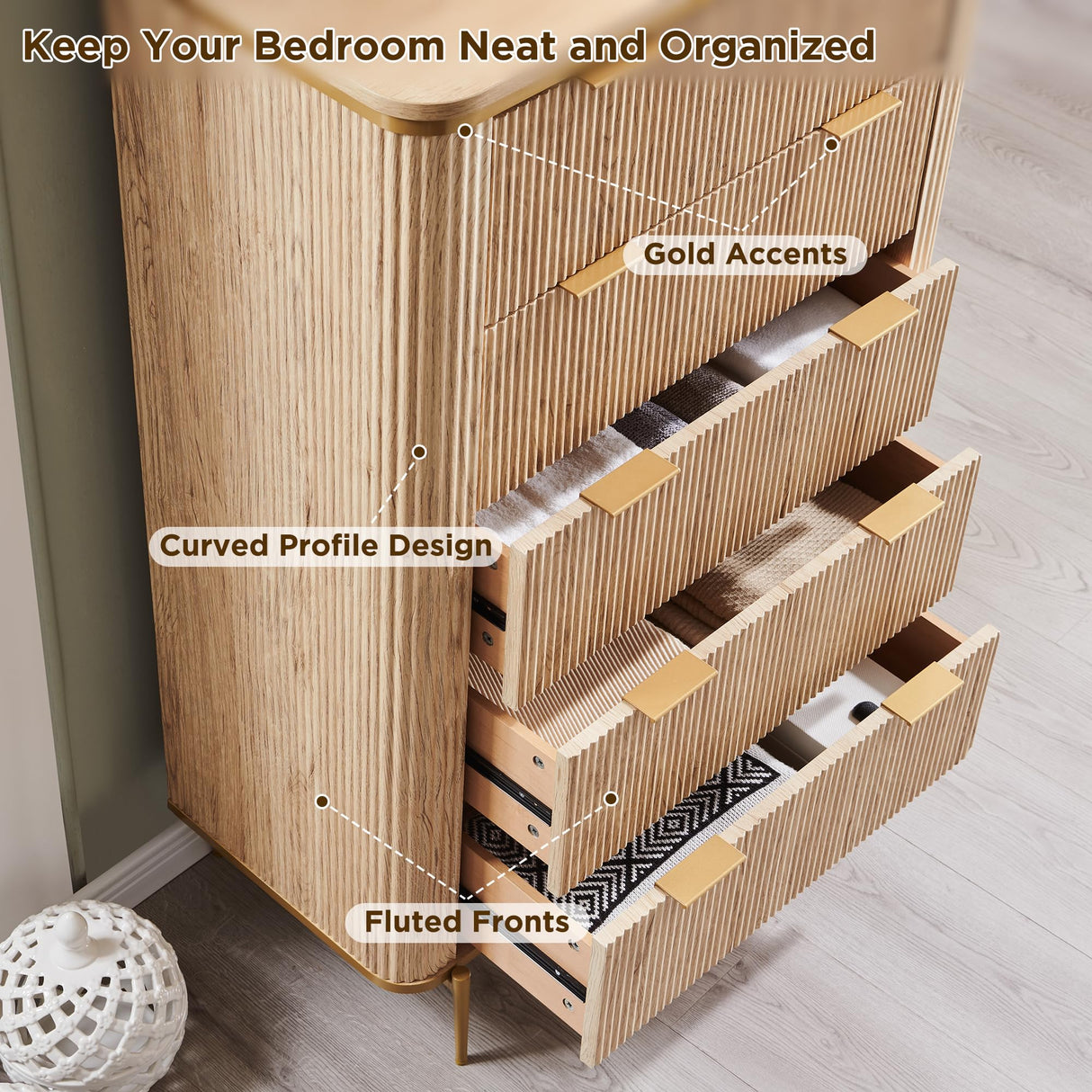 T4TREAM Fluted 5 Drawers Dresser for Bedroom, 48" Tall Modern Dresser Chest of Drawers, Gold Accents, Fluted Fronts, Wood Storage Dressers Organizer for Bedroom, Living Room, Natural Oak T4TREAM