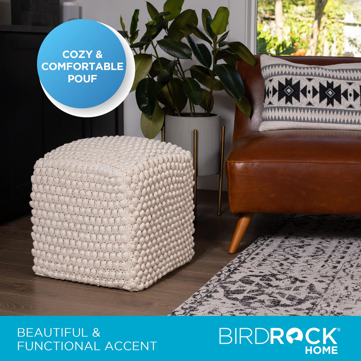 BIRDROCK HOME Buds Pouf Ottoman | Cotton Braided Foot Stool with Bead Filling | Boho Foot Rest for Living Room & Bedroom | Oversized, Sturdy & Comfortable Seating, Lightweight & Soft | Natural BIRDROCK HOME