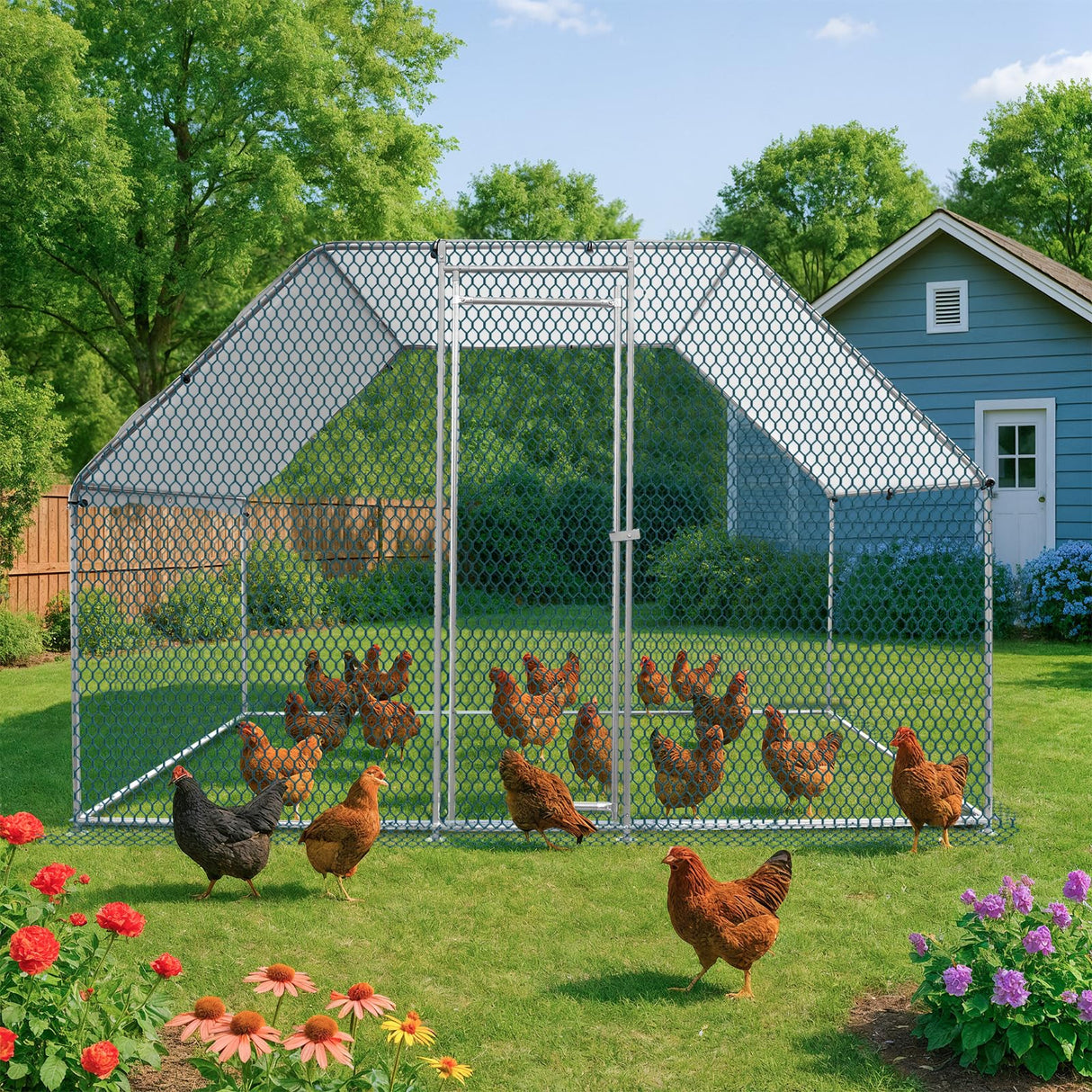 VINGLI Large Chicken Coop, Metal Poultry Cage for Chicken Run, Walk-in Flat-roof Chicken Pen with Waterproof & Anti-UV Cover Outdoor (6.5×9.8×6.5 ft) VINGLI