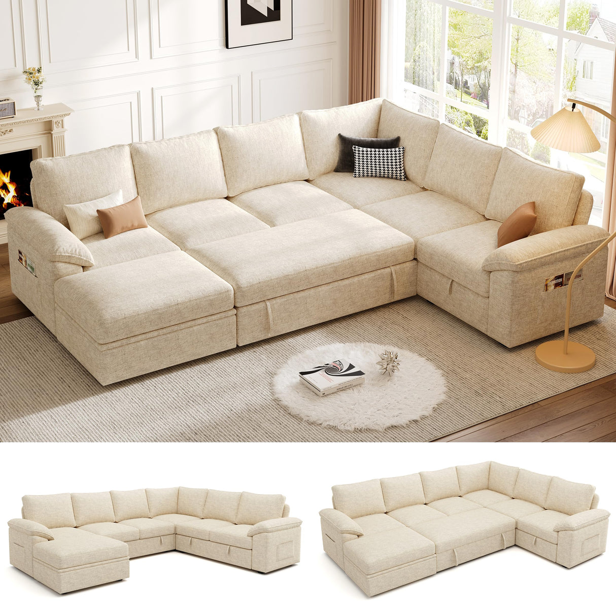 SUAWY 108 Inch Modular Sectional Sofa with Pull Out Bed,U Shaped 7 Seat Sectional Sleeper Sofa with Storage,Sectional Couches for Living Room,Cloud Modular Couch,Removable Sofa Cover,Beige SUAWY