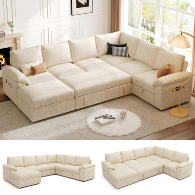 SUAWY 108 Inch Modular Sectional Sofa with Pull Out Bed,U Shaped 7 Seat Sectional Sleeper Sofa with Storage,Sectional Couches for Living Room,Cloud Modular Couch,Removable Sofa Cover,Beige