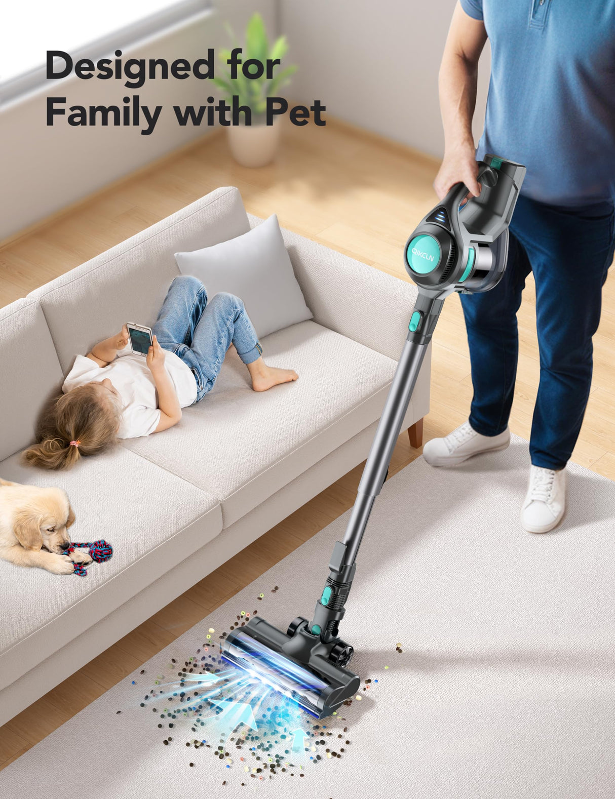 QikCln Cordless Vacuum Cleaner, 8-in-1 Powerful Vacuum Cleaners for Home with 1.3L Large Capacity, 2 Modes & 30Mins Runtime, Rechargeable Stick Vacuum for Pet Hair Hardwood Carpet - Green QikCln