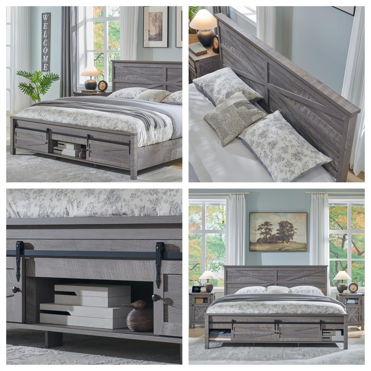 ACCOHOHO Farmhouse King Size Bed Frame with Barn Door Storage, Platform Bed Frame with Headboard, Rustic Bed, Solid Wood Slats Support/Noiseless/No Box Spring Needed (Grey) ACCOHOHO