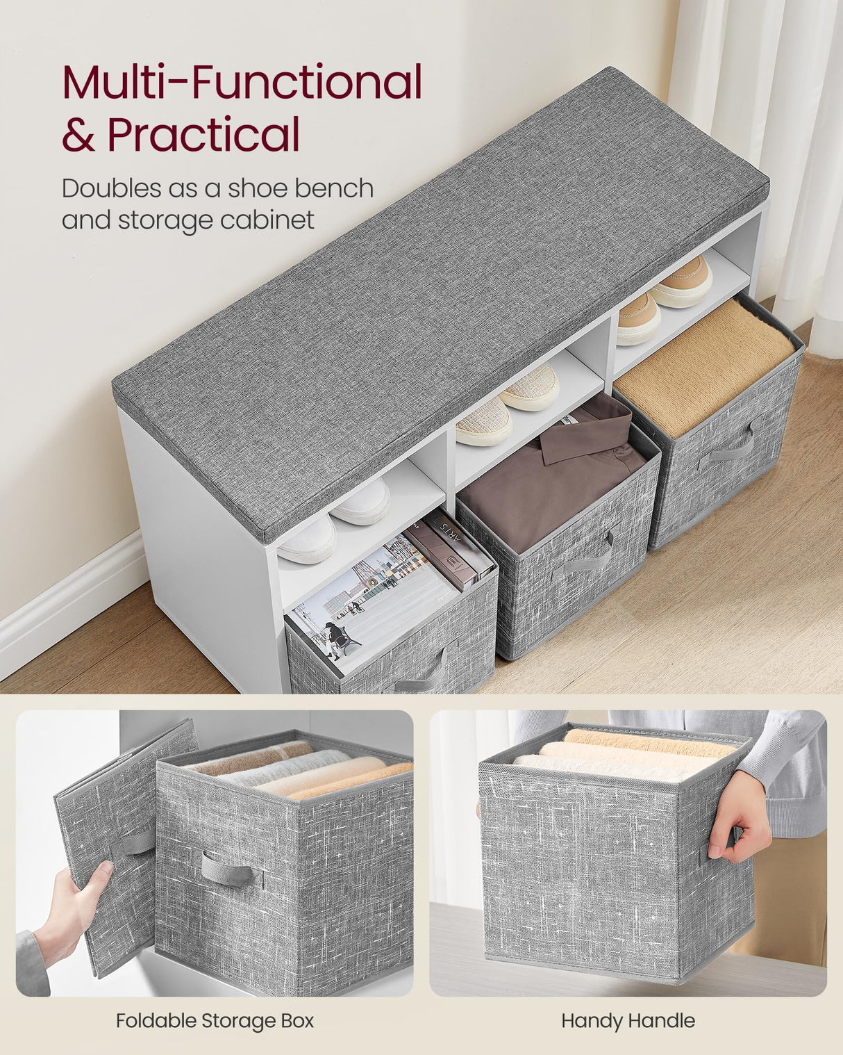 VASAGLE Shoe Bench with Cushion, Shoe Storage Bench with 6 Compartments and 3 Adjustable Shelves, Entryway Bench with 3 Storage Boxes, for Bedroom, Closet, Living Room, Cloud White ULSB101W14 VASAGLE