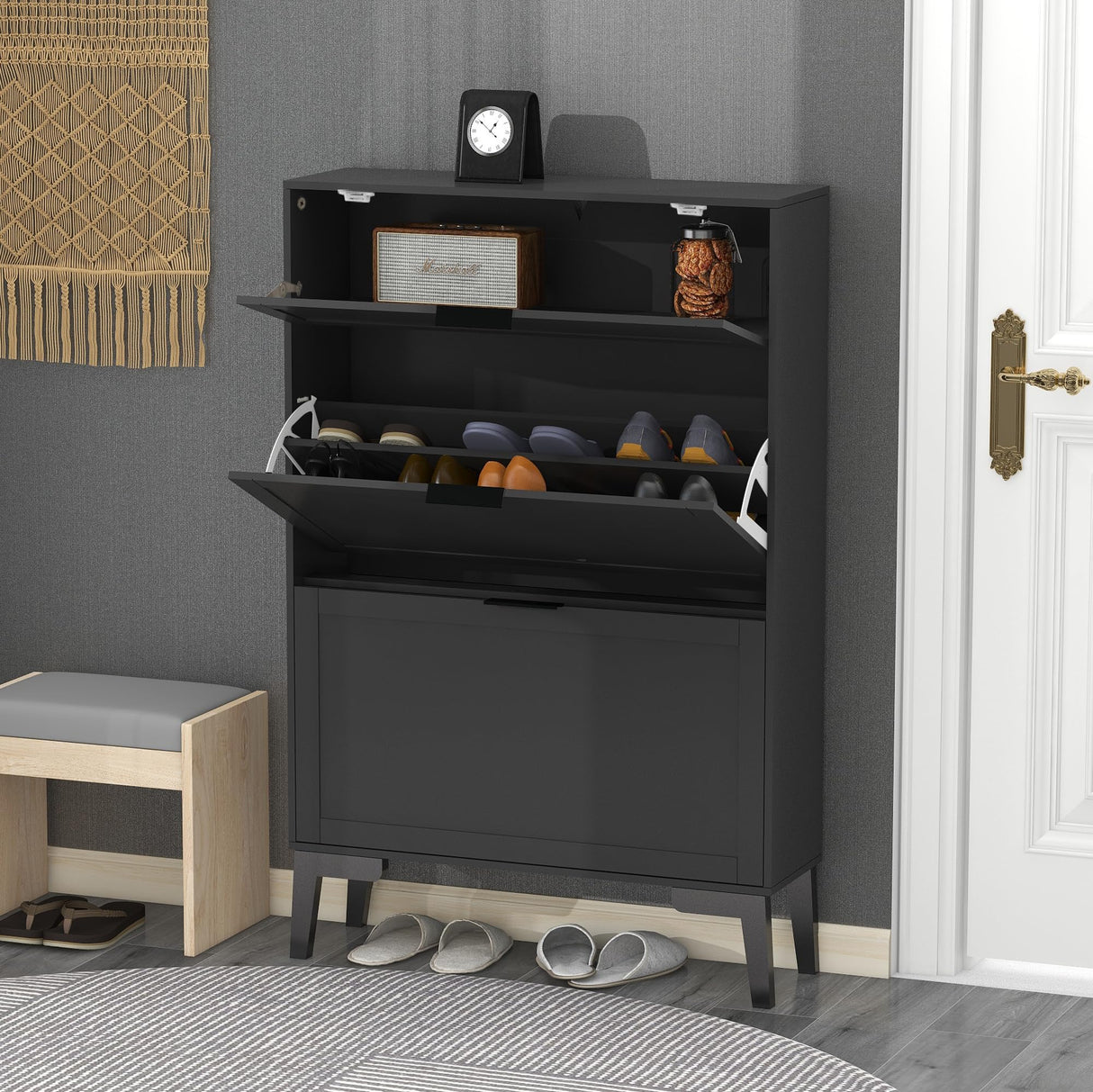 TaoHFE Modern Shoe Cabinet for Entryway - Black Wooden Hidden Shoe Cabinet - Narrow Free Standing 3 Tier Rack TaoHFE