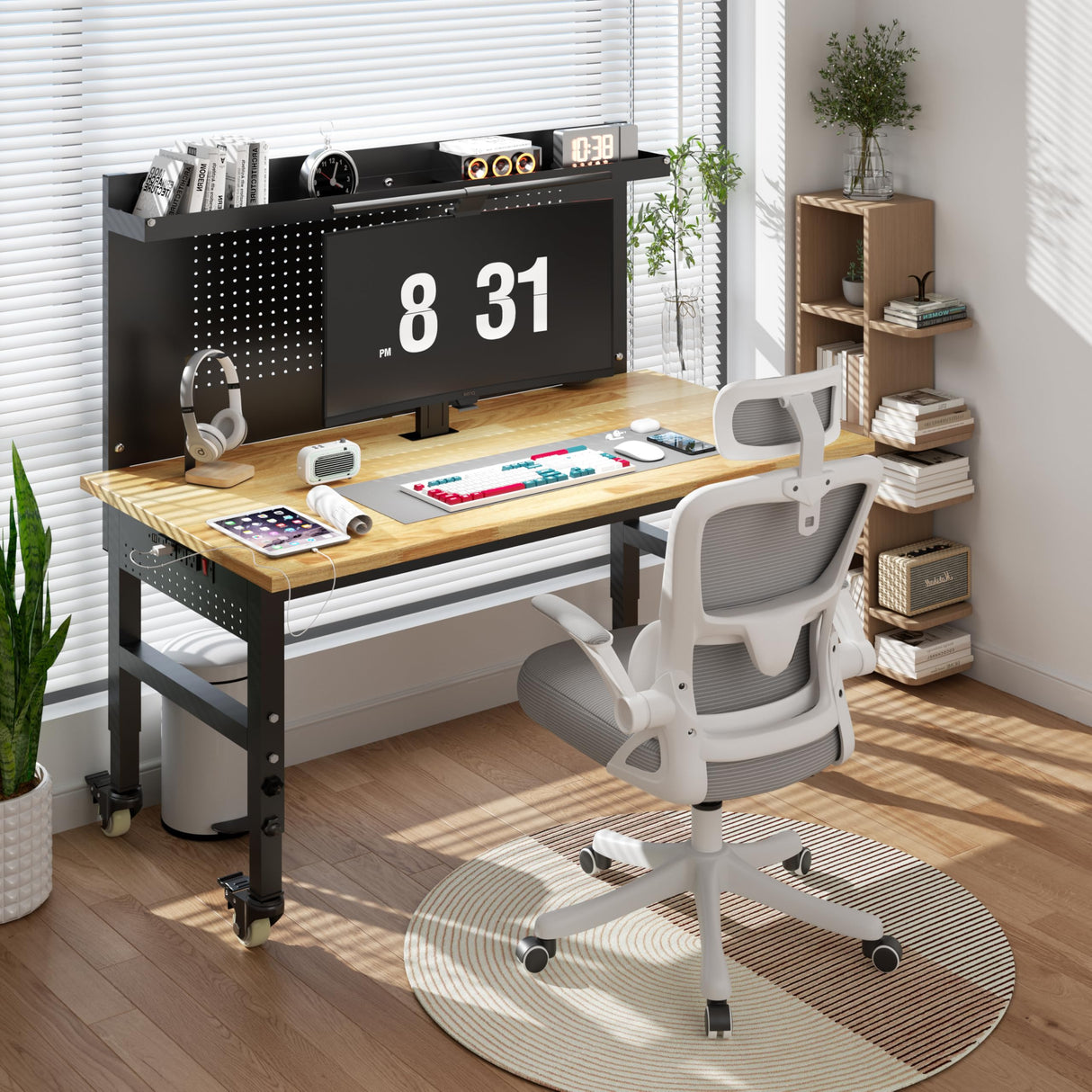 Betterhood 48" Heavy Duty Adjustable Workbench with Large Pegboard, Adjustable Work Table with Power Outlets & Lockable Wheels, Rubber Wood Workstation for Garage, Workshop, Office, Home, Commercial Betterhood