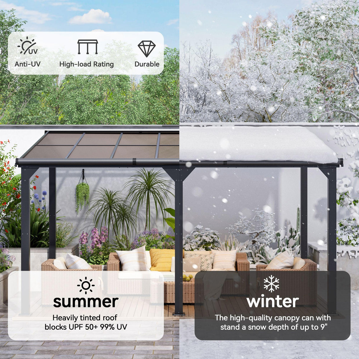 DAUSOLA 10x14 FT Gazebo Pergola for Patio, Gazebos Pergola on Clearance with Sloped Roof, Hard Top Lean to Gazebo, Large Wall-Mounted Heavy Duty Awnings for Patio, Backyard, Deck DAUSOLA