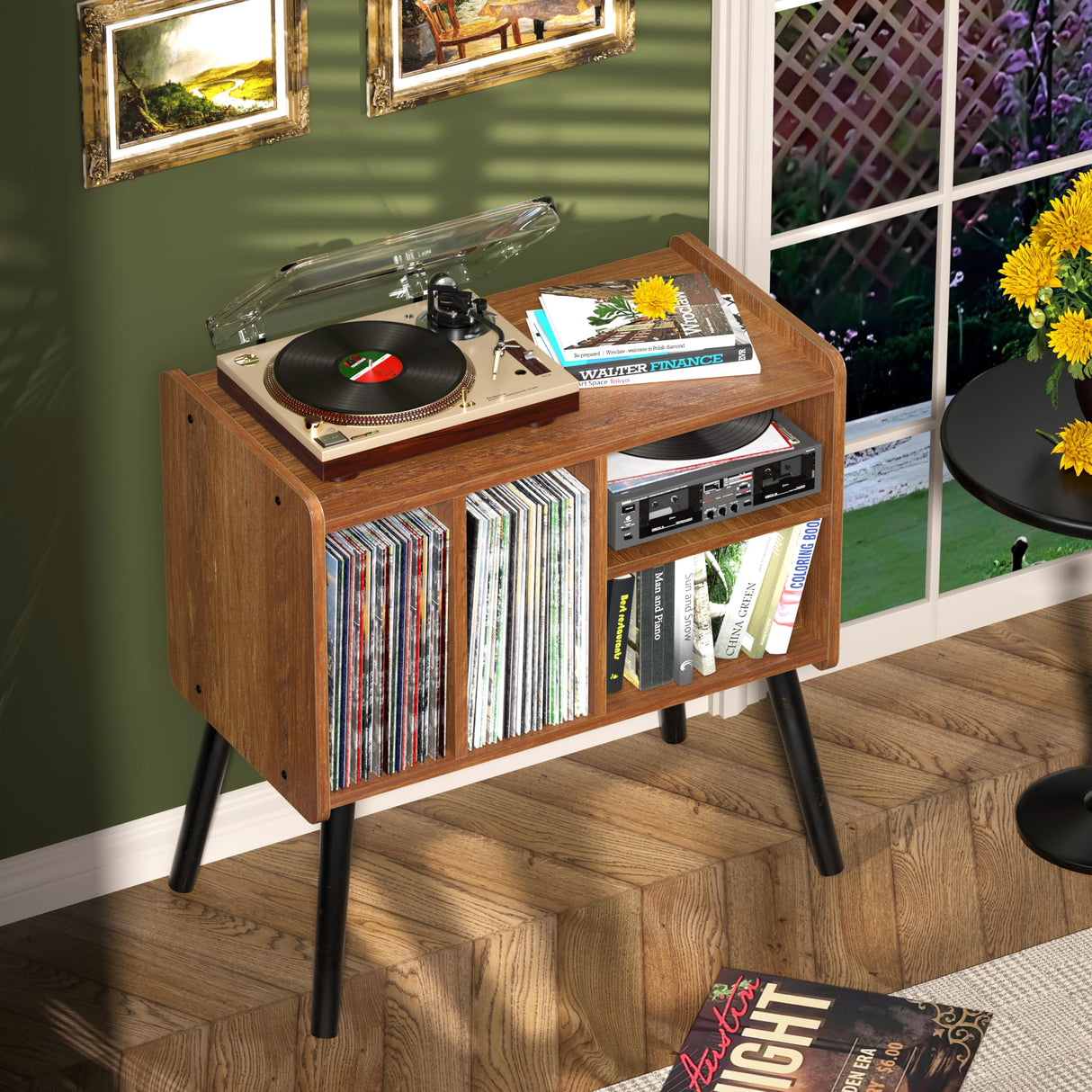 UODERS Record Player Table, Mid-Century Record Player Stand with Vinyl Storage Hold Up to 150+ Albums, Vinyl Record Cabinet with Adjustable Shelves, Wood Turntable Stand for Music Living Room (Oak) UODERS