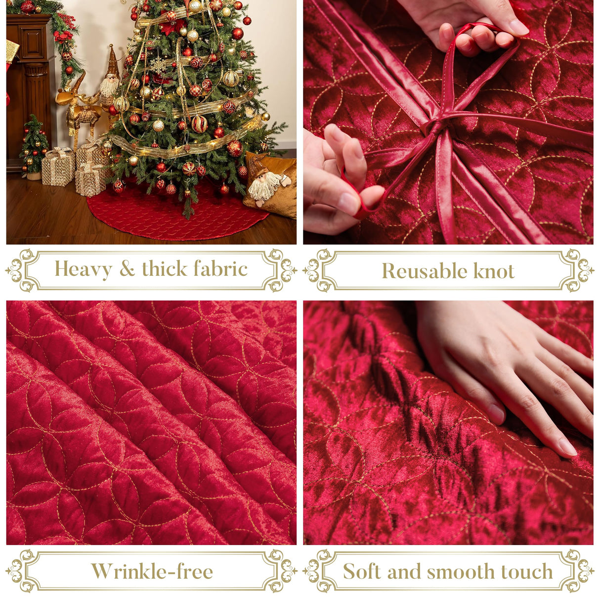 Valery Madelyn Christmas Tree Skirt for Tree Decorations, 36 Inch Fabric Luxury Red Gold Medium Xmas Velvet Tree Skirt with Embroidery Patchwork & Tassels for Tree Merry Christmas Party Decor Valery Madelyn