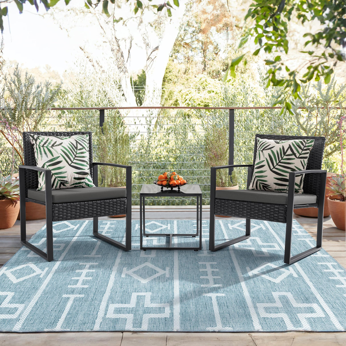 Flamaker 3 Pieces Patio Set Outdoor Wicker Furniture Modern Bistro Rattan Chair Conversation Sets with Coffee Table for Yard (Grey) Flamaker