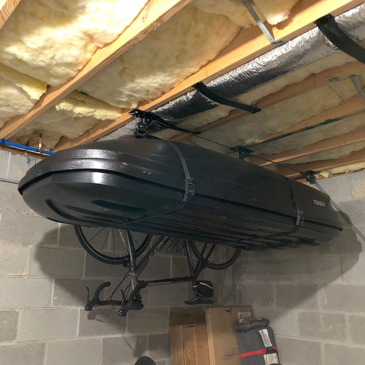 Teal Triangle Ceiling Storage Hoist for Cargo Box - Heavy Duty Garage Storage Lift - Garage Pulley Lift System Holds 150 lbs and Fits 8-10 ft Tall Garage Ceilings Teal Triangle