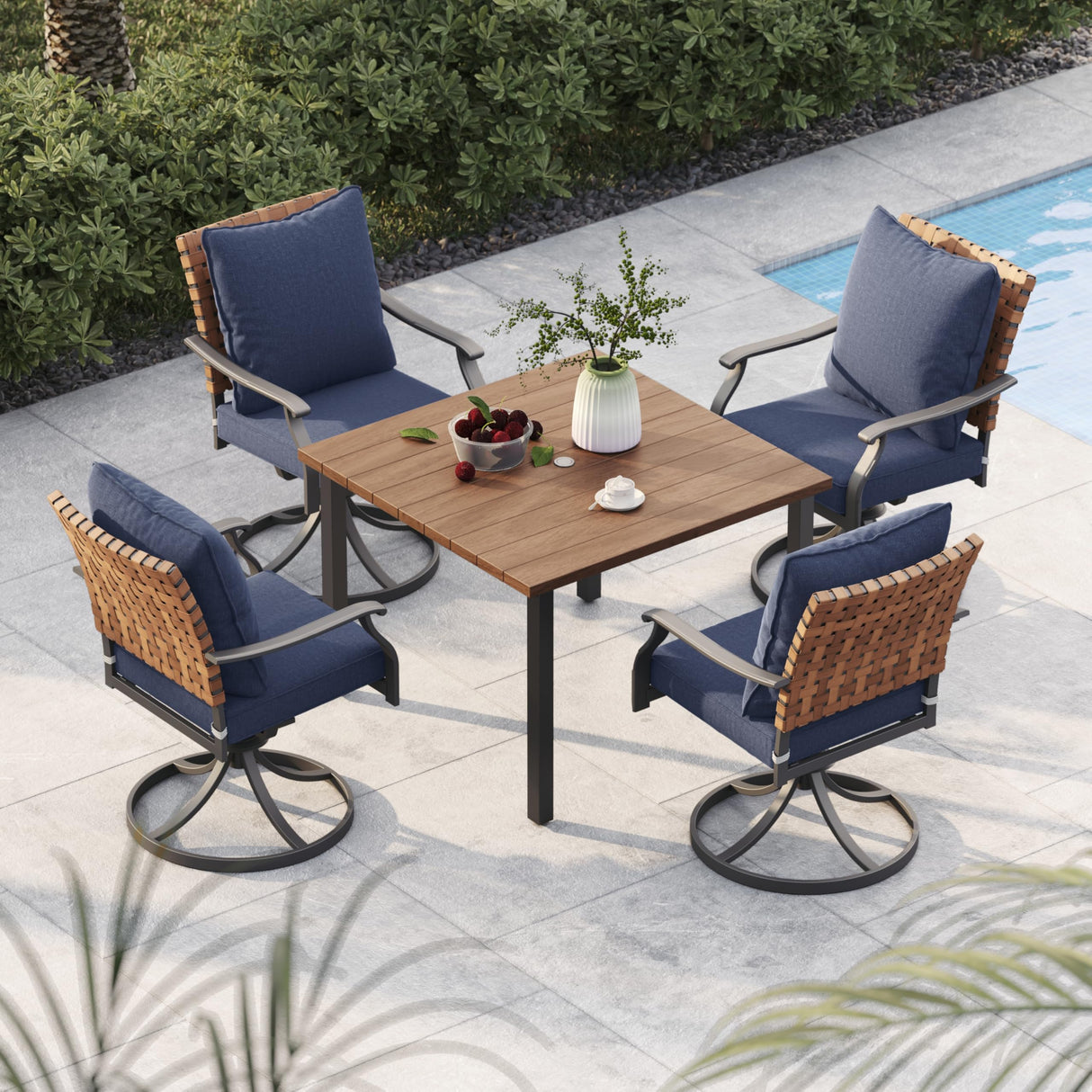 Grand patio 5-Piece Outdoor Dining Set, 4 Leather-Look Wicker Swivel Blue Patio Chairs & 1 Square Woodgrain Dining Table, Brown Grand patio