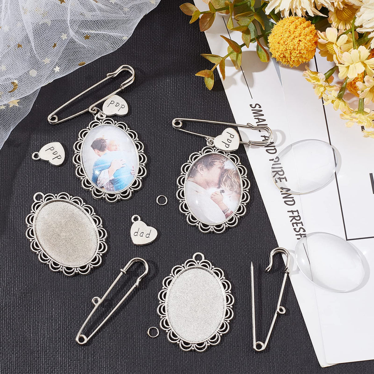 INFUNLY Photo Charm Pin, 6pcs Memorial Picture Charm for Wedding Bridal DIY Pin Brooch Making Kit Oval Lacy Photo Charm for Bridal Shower Wedding Bachelor Party Bride Groom Flowers INFUNLY
