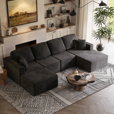 Shahoo 126" Modular Sectional Sofa, Cloud Couches for Living Room, Upholstered Boneless Couch with Ottoman, Upholstered Cloud Sofa for Bedroom (Black, U Shaped Sofa)