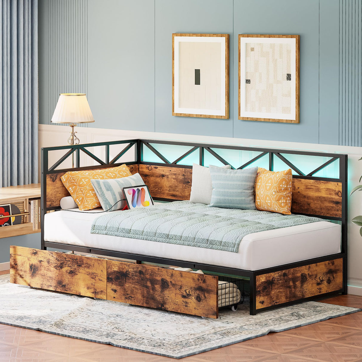 LIKIMIO Twin Daybed with Storage Drawers and Charging Station, Corner Bed Frames with Headboard and LED Lights, Industrial Brown LIKIMIO