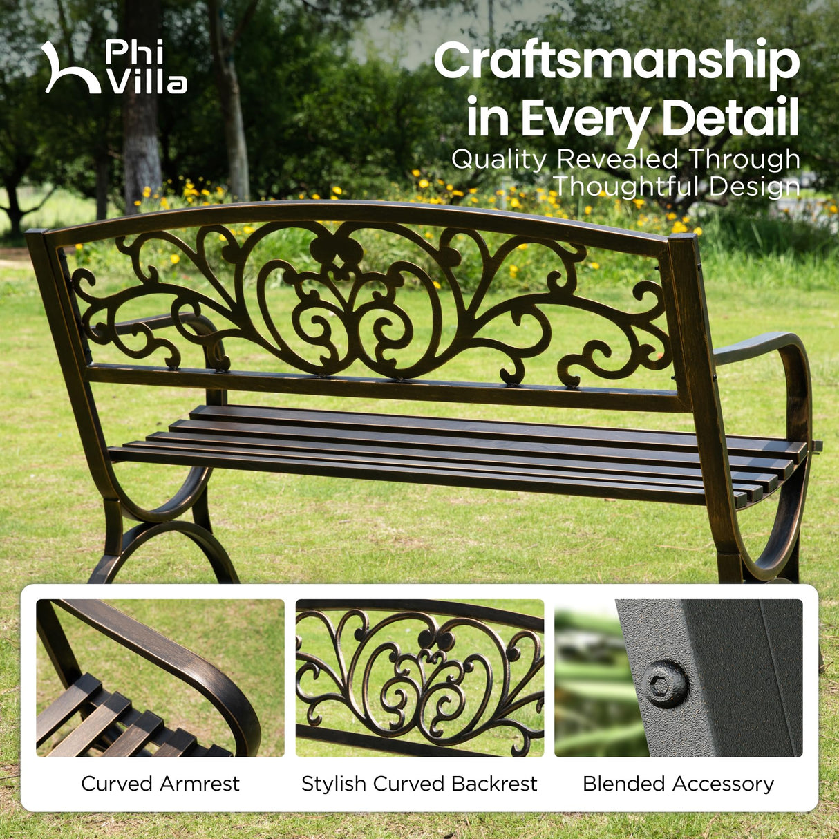 PHI VILLA 50" Garden Bench Outdoor Bench Patio Bench for Outdoors Metal Porch Steel Frame Furniture for Yard PHI VILLA