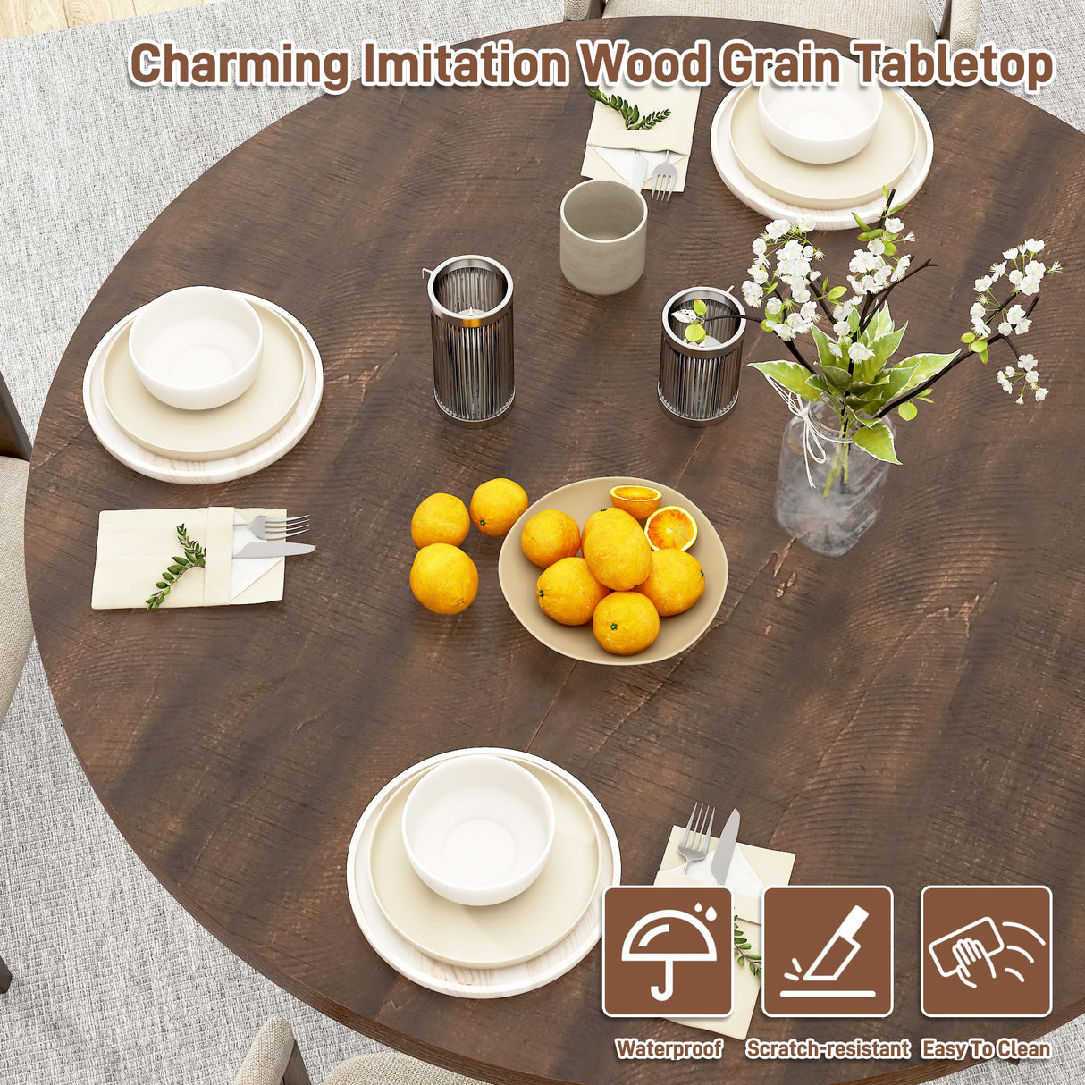 Round Wood Dining Table for Kitchen,Dining Room,Living Room,Farmhouse Dinner Tables W/Thickened Brown Waterproof Tabletop for 4 People,47 inch Rustic Kitchen Table W/Metal Support jiteentarou