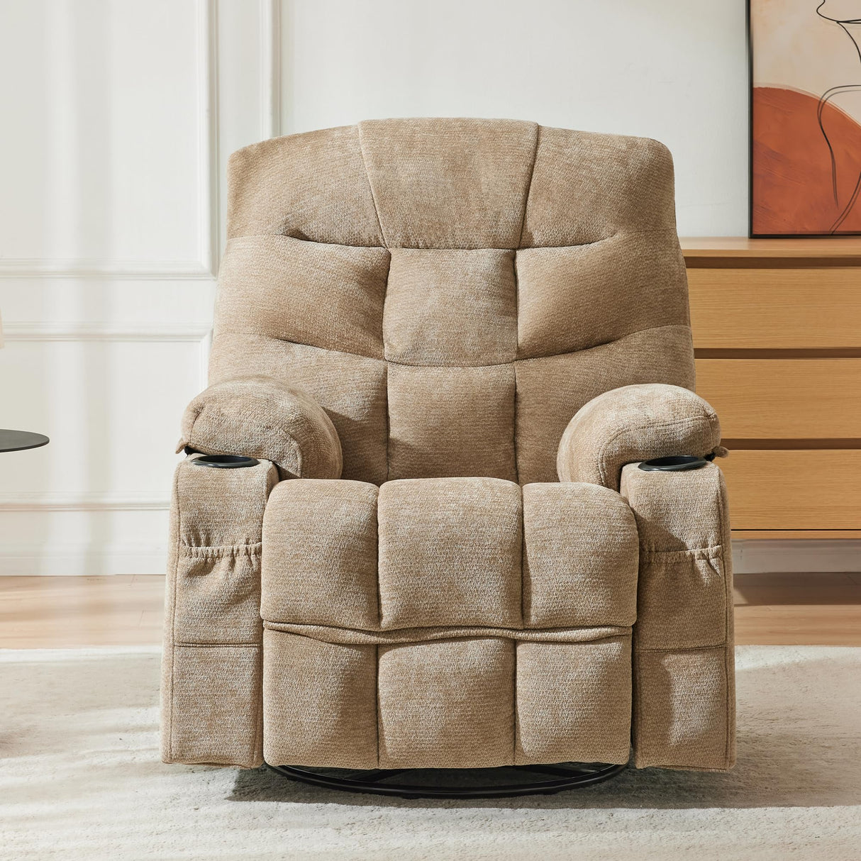 Hicosit Manual 360°Swivel Rocker Recliner Chair,Single Recliner Seat with Cup Holders,Recliner Chairs for Adults, Upholstered Fabric Lazy Boy Recliner for Bedroom,Living Room,Brown Hicosit