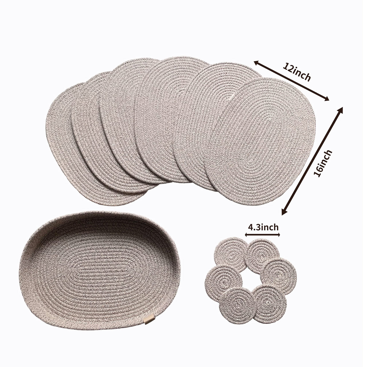 ART pinecone Cotton Rope Woven Placemats 16 * 12 inches Oval Hot Pads Hot Mats Set of 6, and 1 Storage Basket for Holiday Table Decor (16 * 12 Plus 6 Coasters, Brown Mixed) ART pinecone