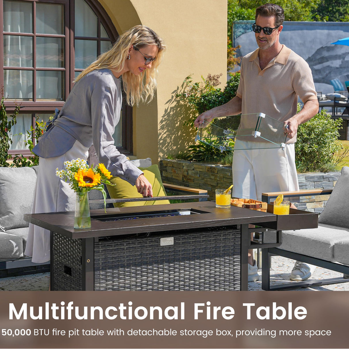 Sundale Outdoor Aluminum Patio Furniture Set w/Fire Pit, 4 Piece Modern Outdoor Furniture with 6 inch Cushion, Metal Patio Sectional Conversation Sets for Deck, Backyard, Porch (Grey) Sundale Outdoor