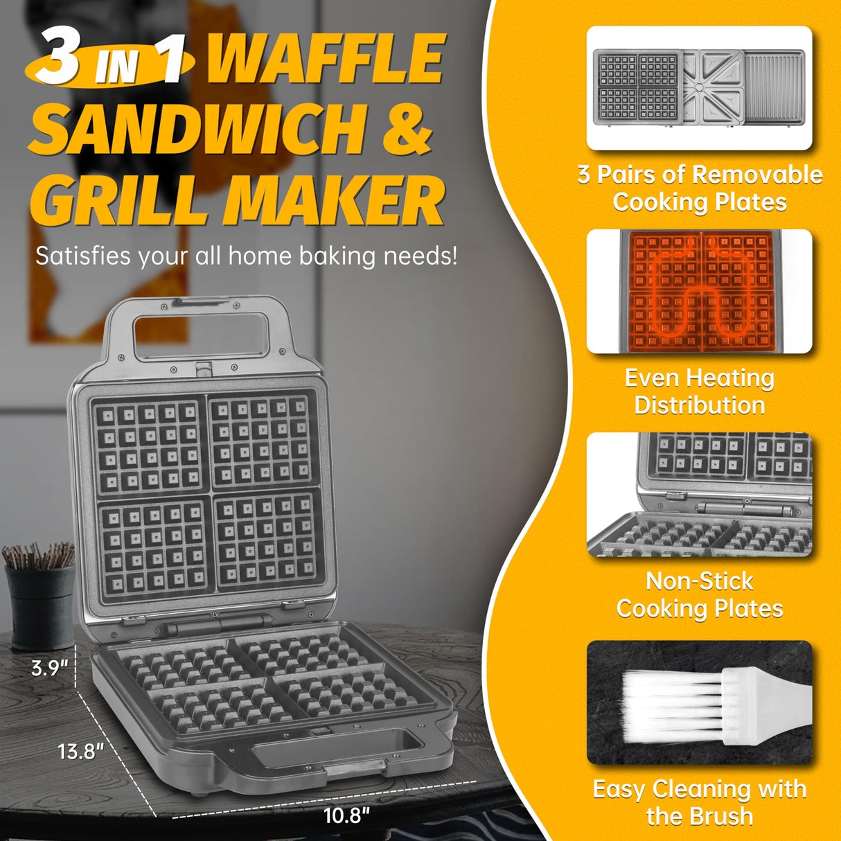 FineMade Belgian Waffle Maker with Removable Plates, Waflera Electrica, Large Waffle Iron, 3 in 1 Panini Grill Press Breakfast Sandwich Maker, Electric Griddle, Grilled Cheese Maker, Breakfast Station FineMade