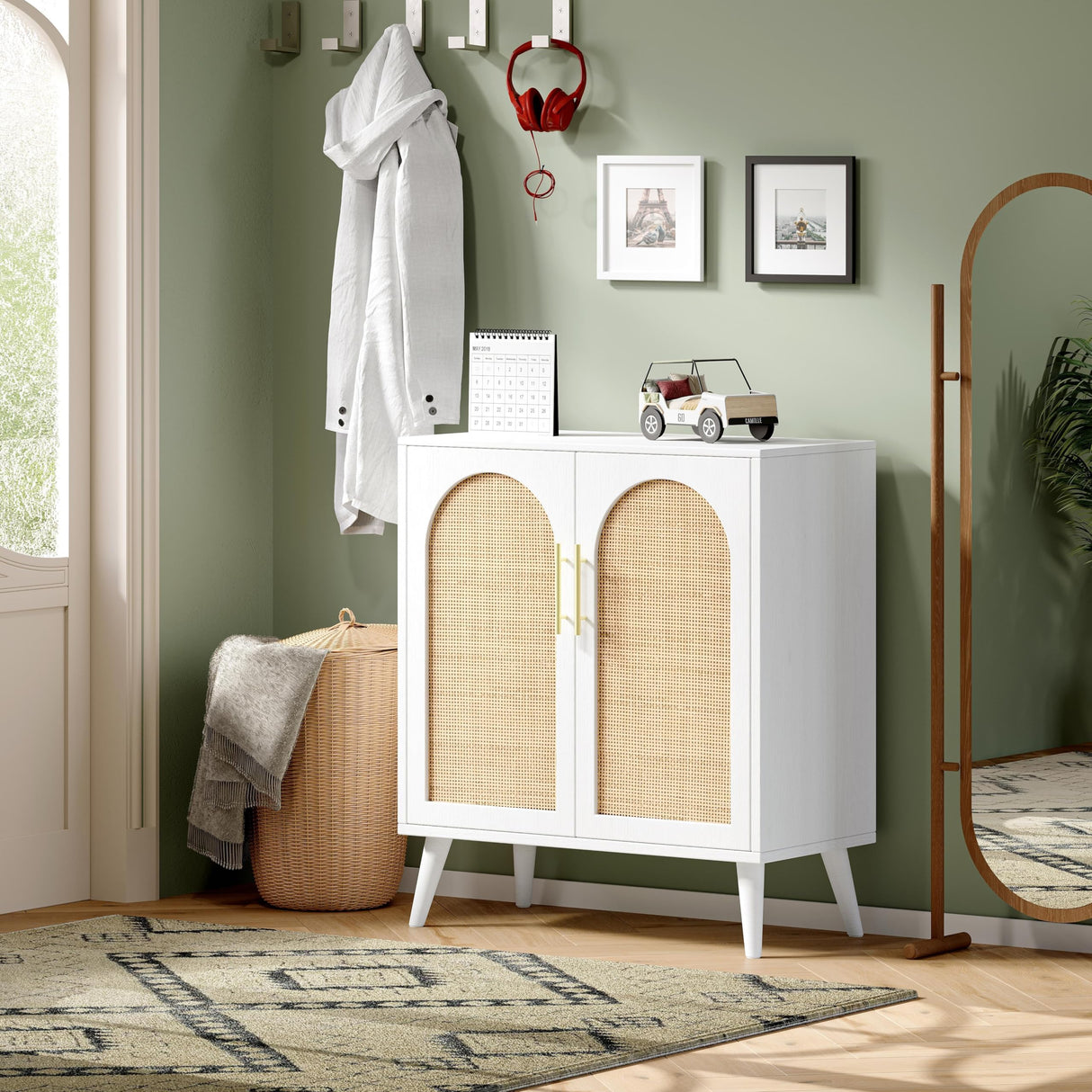 Rovaurx Rattan Storage Cabinet with Doors, Accent Bathroom Floor Cabinet, Modern Sideboard Buffet Cabinet for Living Room, Entryway, Dining Room and Kitchen, White and Natural BMGZ108WM Rovaurx