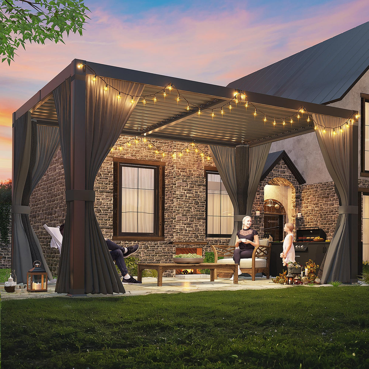 Airwire Pergola 10x12 Ft Louvered Pergola Aluminum Outdoor Pergolas W/Adjustable Roof, Waterproof Curtains and Nets Outdoor Gazebo for Deck,Patio,Backyard and Garden AirWire