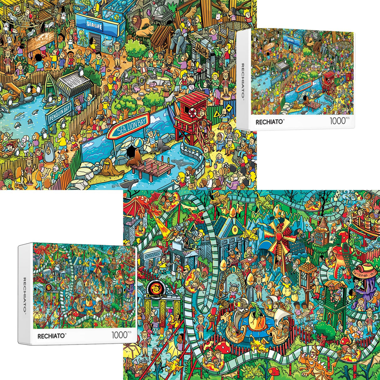 Jigsaw Puzzles for Adults, 2 Pack 1000 Pieces Ocean Park Dinosaur Park Puzzle, Cartoon Painting Challenging Puzzles for Family Activity Game Nights Gifts Fidget Stress Relief RECHIATO