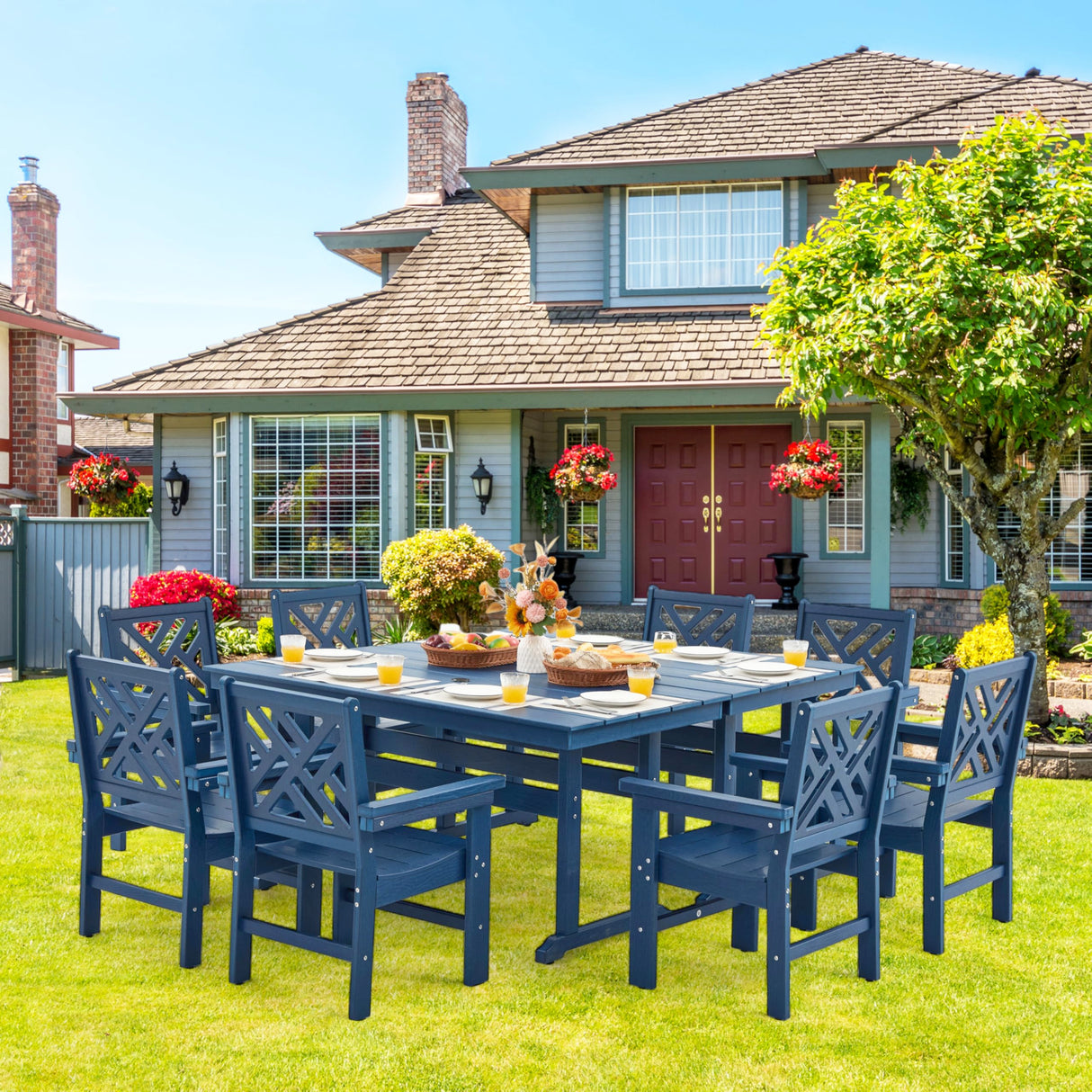 HDPE Outdoor Dining Set,10-Piece Outdoor Table and Chairs Include 8 Dining Chairs and 2 Pcs 62.5" Patio Dining Table with Umbrella Hole (Blue) AZXZCS