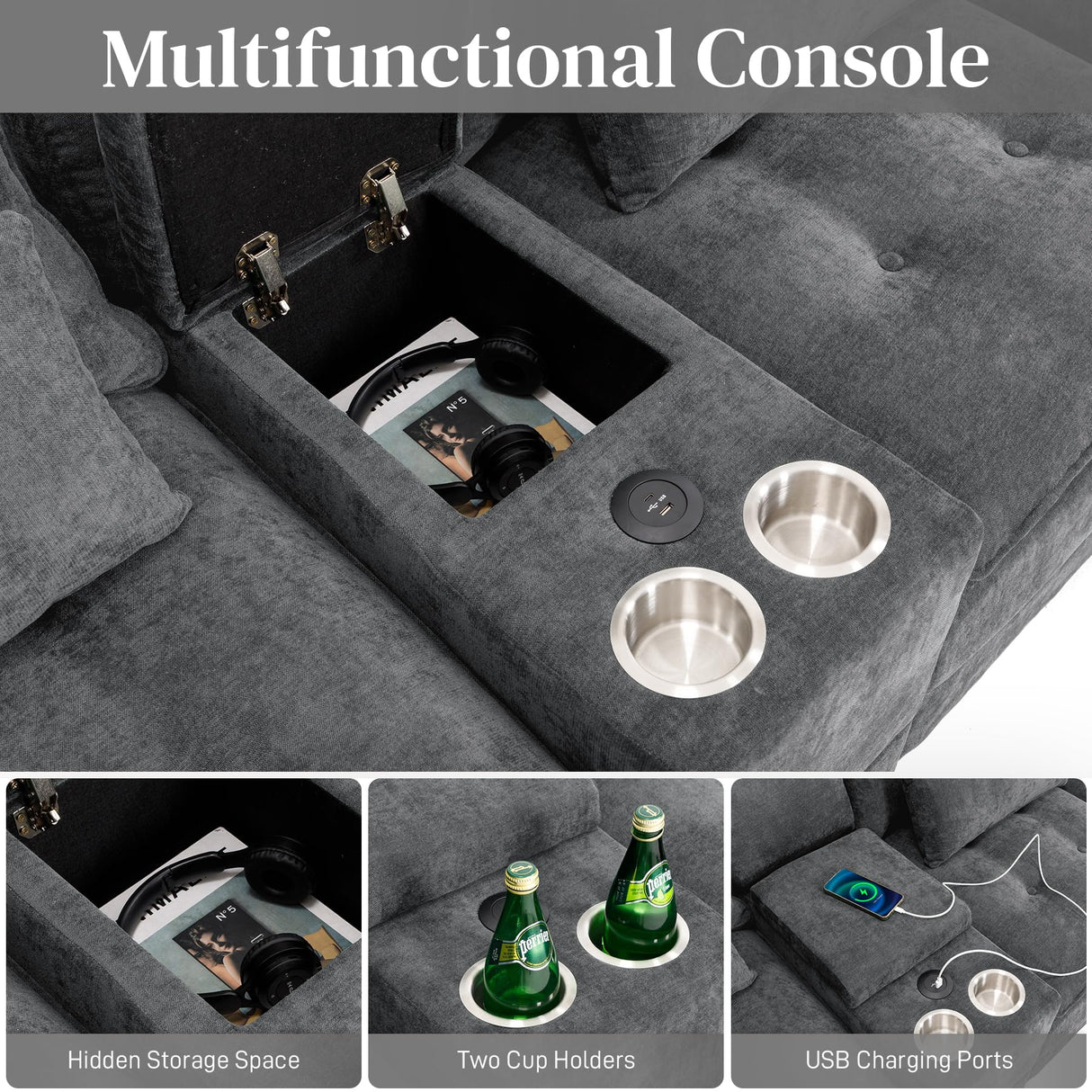 OUYESSIR 134" U Shaped Sectional Cloud Couch,Tufted Couch with Chaise Lounge,Fluffy Grey Sectional Couches for Living Room,Comfy Chenille Modular Sofa with Central Console & USB Port OUYESSIR