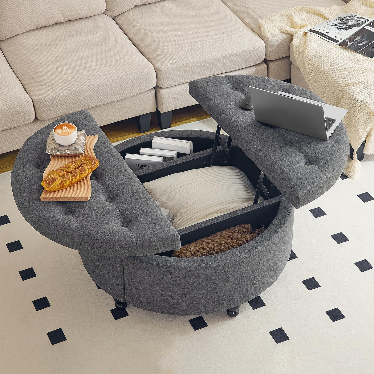 Redlife 35" Wide Round Ottoman with Storage, Storage Ottoman Coffee Table, Tufted Round Ottoman Coffee Table Linen Fabric Round Coffee Table Ottoman with Storage (Dark Grey) Redlifeᅟᅠ