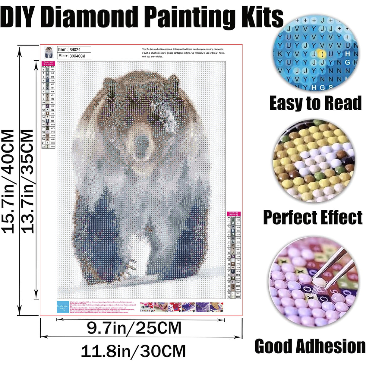 GMETINC 5D Diamond Painting Kits for Adults, Animal Bear Forest Scene Diamond Art Kits for Adults Beginner, DIY Full Drill Diamond Dots Paintings with Gem Art and Crafts Home Wall Decor 16x12inch GMETNIC