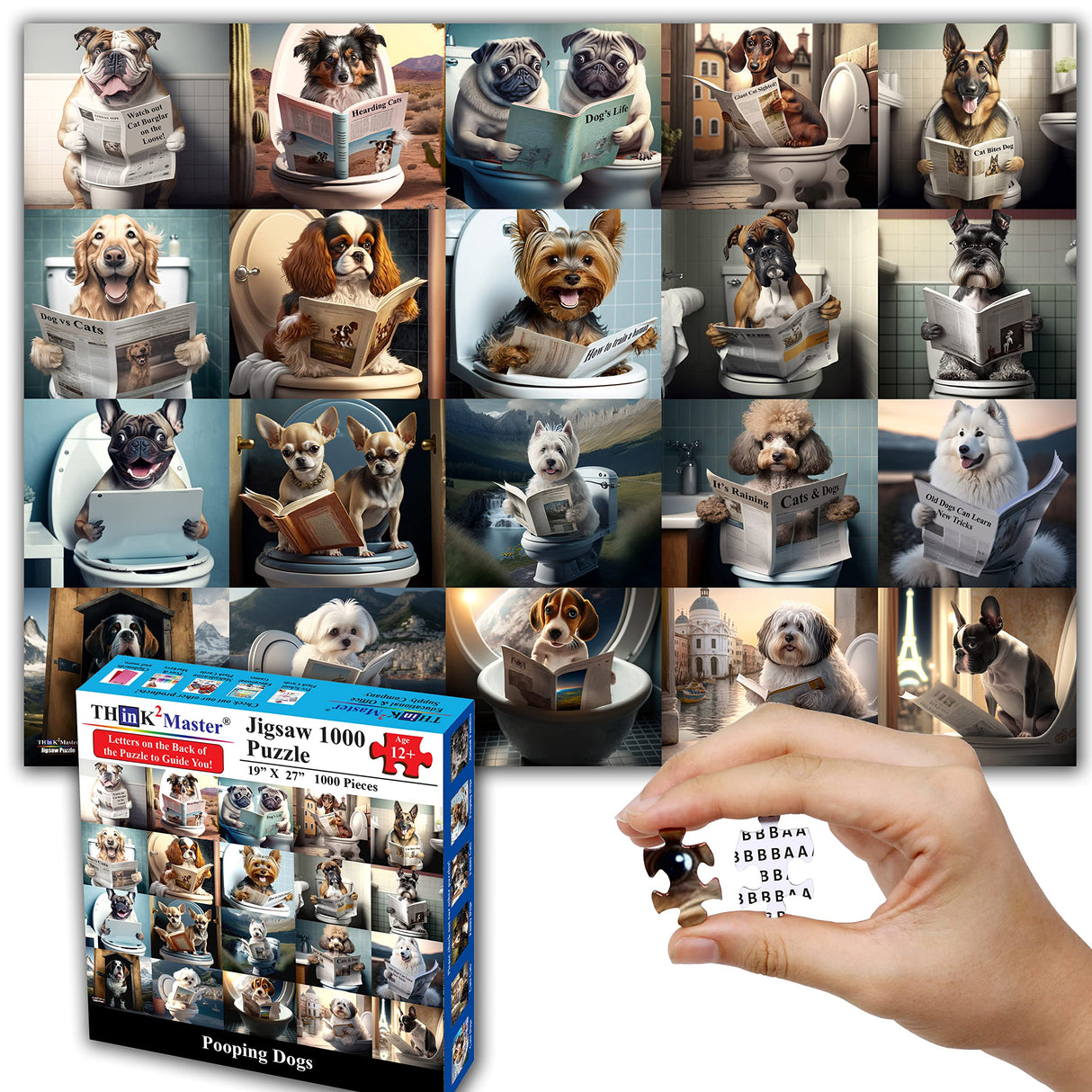 Think2Master Funny Dogs 1000 Pieces Jigsaw Puzzle Featuring heartwarming Puppies and Dogs. Fun for Teens, Seniors & Families. Great Gift for Kids Ages 13+ Size: 26.8” x 18.9 THINK2MASTER