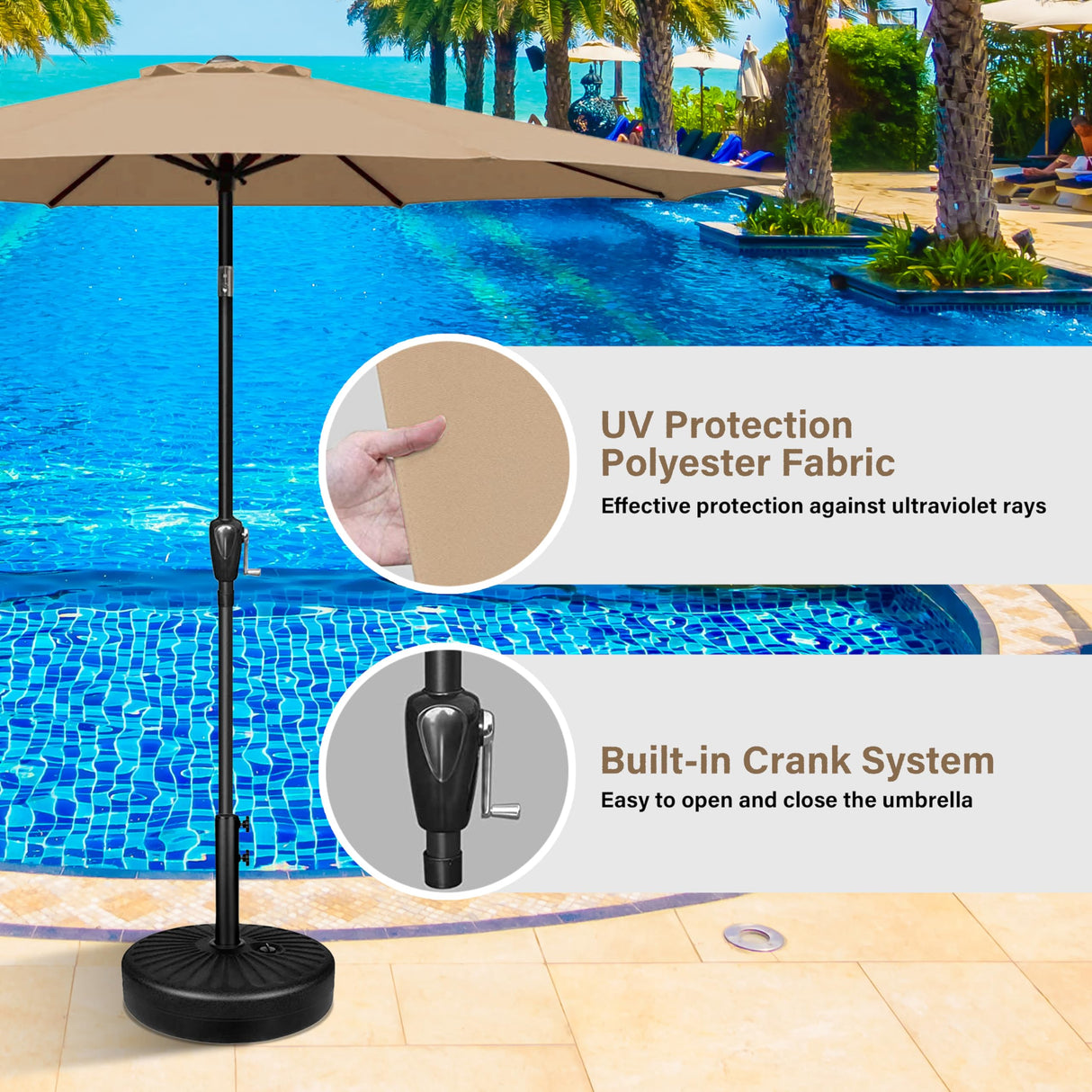 HealSmart 9ft Patio Umbrella with Push Button Tilt/Crank, Outdoor Table Market Yard Umbrella with 8 Sturdy Ribs for Garden, Backyard, Deck, Pool, Tan HealSmart