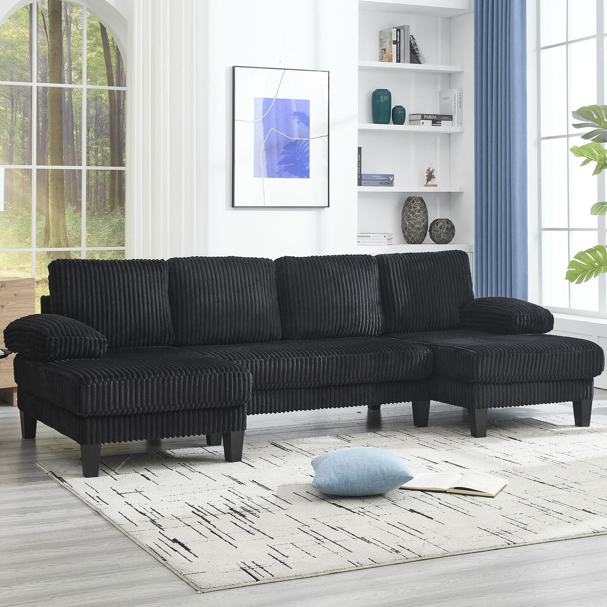 KEIKI 114" U-Shaped Oversized Modular Velvet Sectional Sofa with 2 Chaise Lounge, Modern Style Upholstered 4-Seater Couch with Soft Seat Cushions, Easy Assembly, for Apartment, Living Room, Black KEIKI