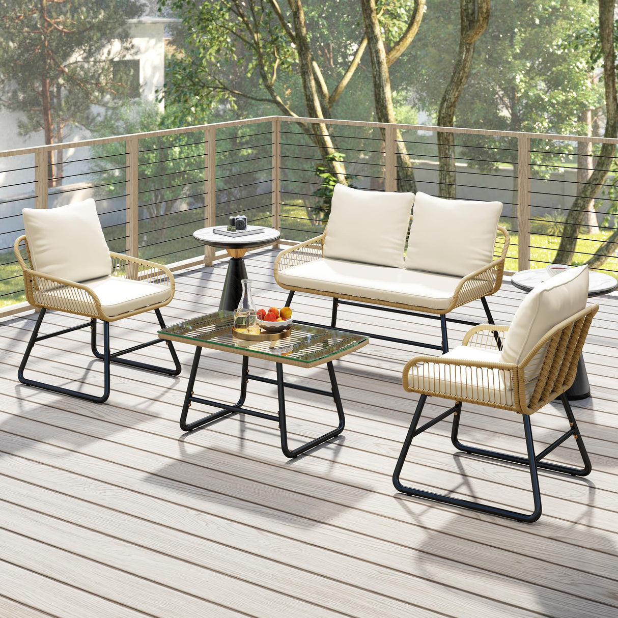 Yaheetech 4 Piece Patio Furniture Set, Outdoor Wicker Conversation Sets, Boho Loveseat & 2 Armchairs with Cushion and Pillow, Glass Top Table for Backyard, Porch, Balcony, Deck - Tan/Cream Yaheetech