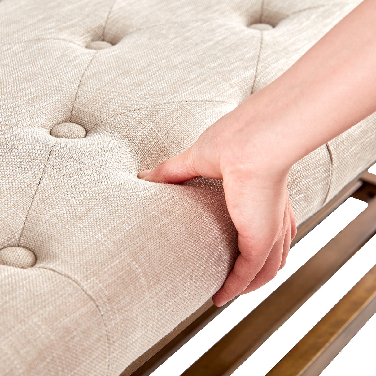 HUIMO Entryway Shoe Bench, End of Bed Bench,Upholstered Button-Tufted Bench for Kitchen, Fabric Ottoman Bench for Living Room, Padded Bench with Solid Wood Shelf Beige HUIMO