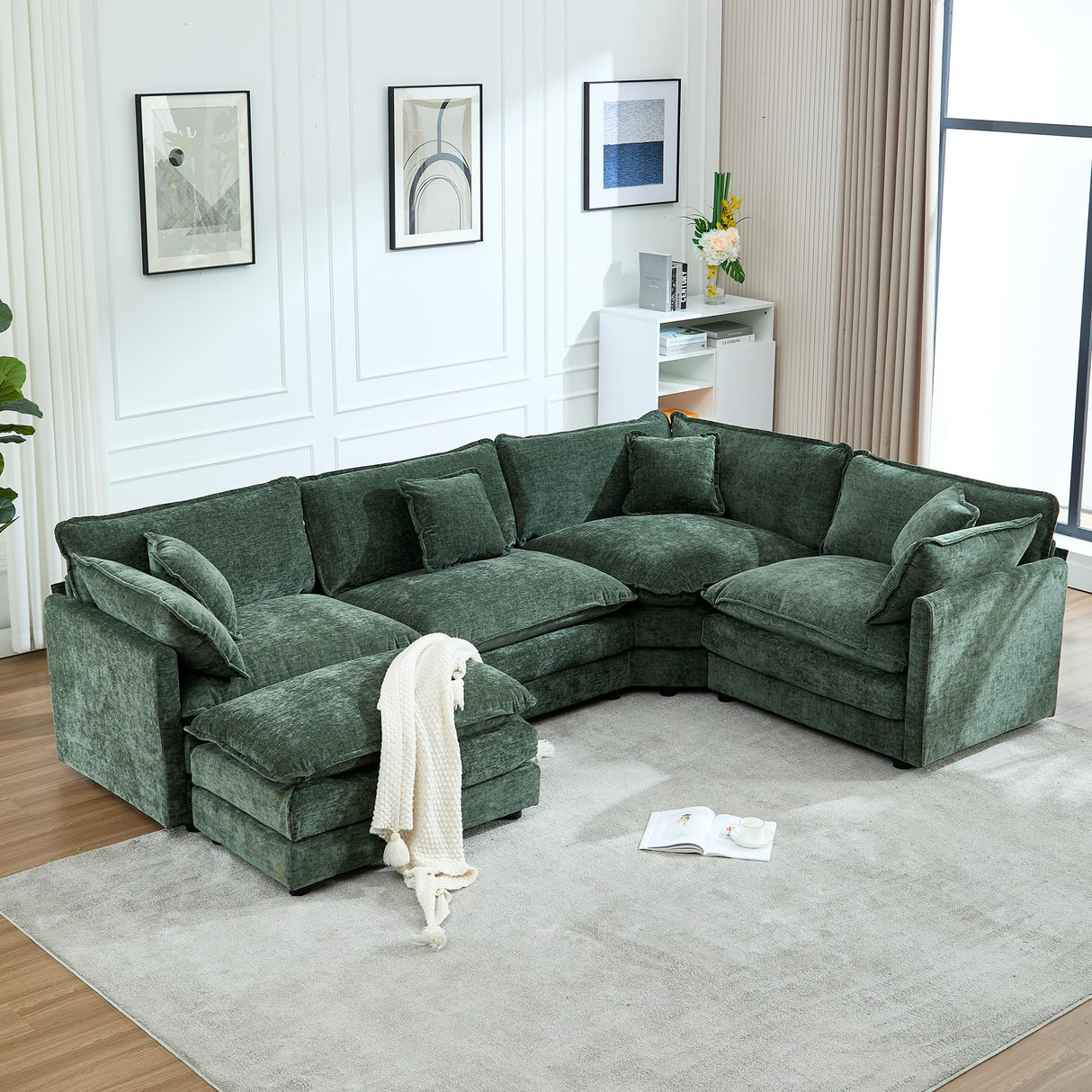 GNIXUU Oversized Modular sectional Sofa, Chenille Large Cloud Sectional Couches for Living Room, Convertible 5 Seater L Shaped Couch with Ottoman for Living Room, Green GNIXUU