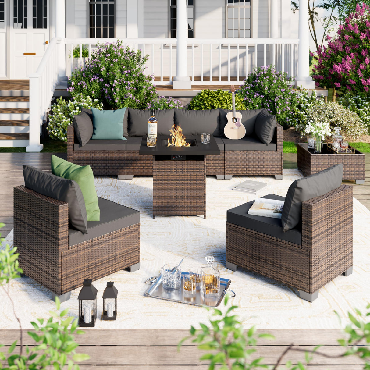 ELEGIBLISS 7/8-Piece Patio Conversation Set with Fire Pit Table, Outdoor All-Weather Rattan Sofa Sectional, Handwoven Wicker Furniture for Backyard, Easy Assembly & Weather-Resistant Design ELEGIBLISS