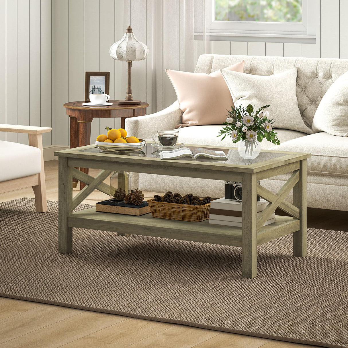 HOMCOM Glass Coffee Table, Modern Farmhouse Center Table with Storage, Side Table for Living Room with Classic X-Bar Style Sides, Gray HOMCOM
