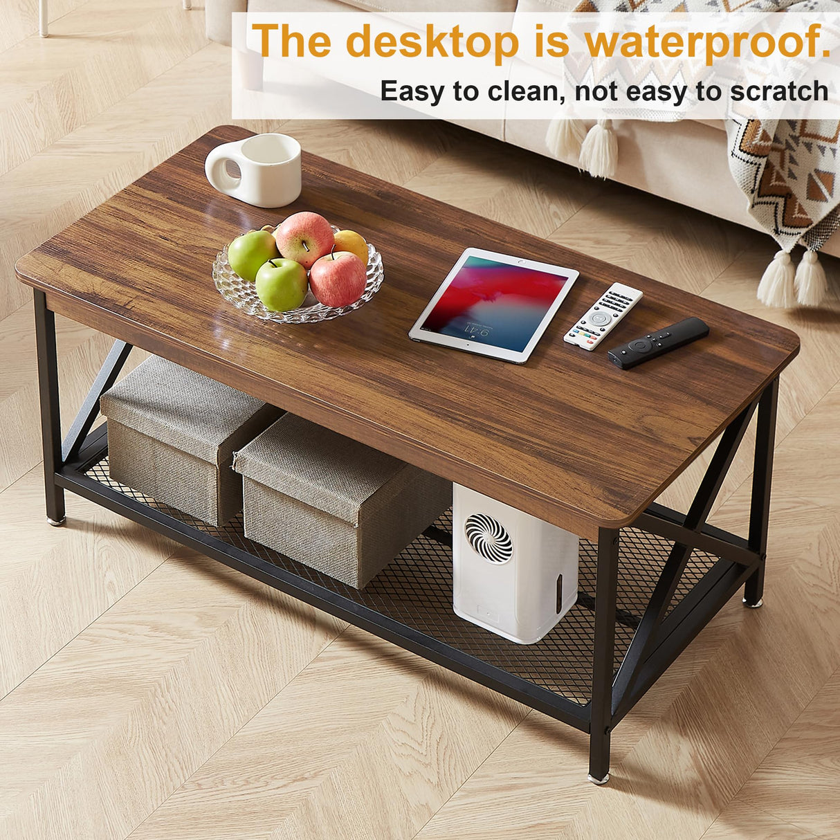 VECELO Coffee Table with 2-Tier Storage Shelf X-Frame for Living Room, Office Industrial Style,Easy Assembly, 39 inch Classic Brown