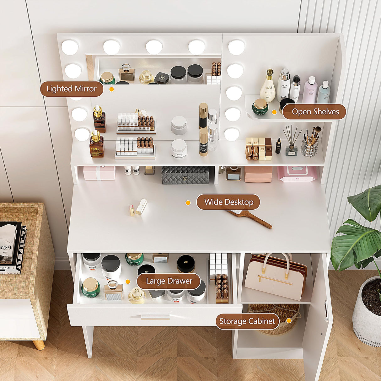 Vanity Desk with Mirror & Lights, White Makeup Desk with Drawers & Cabinet, 3 Lighting Modes & 10 Brightness, Vanity for Bedroom & Dressing Room Decofy