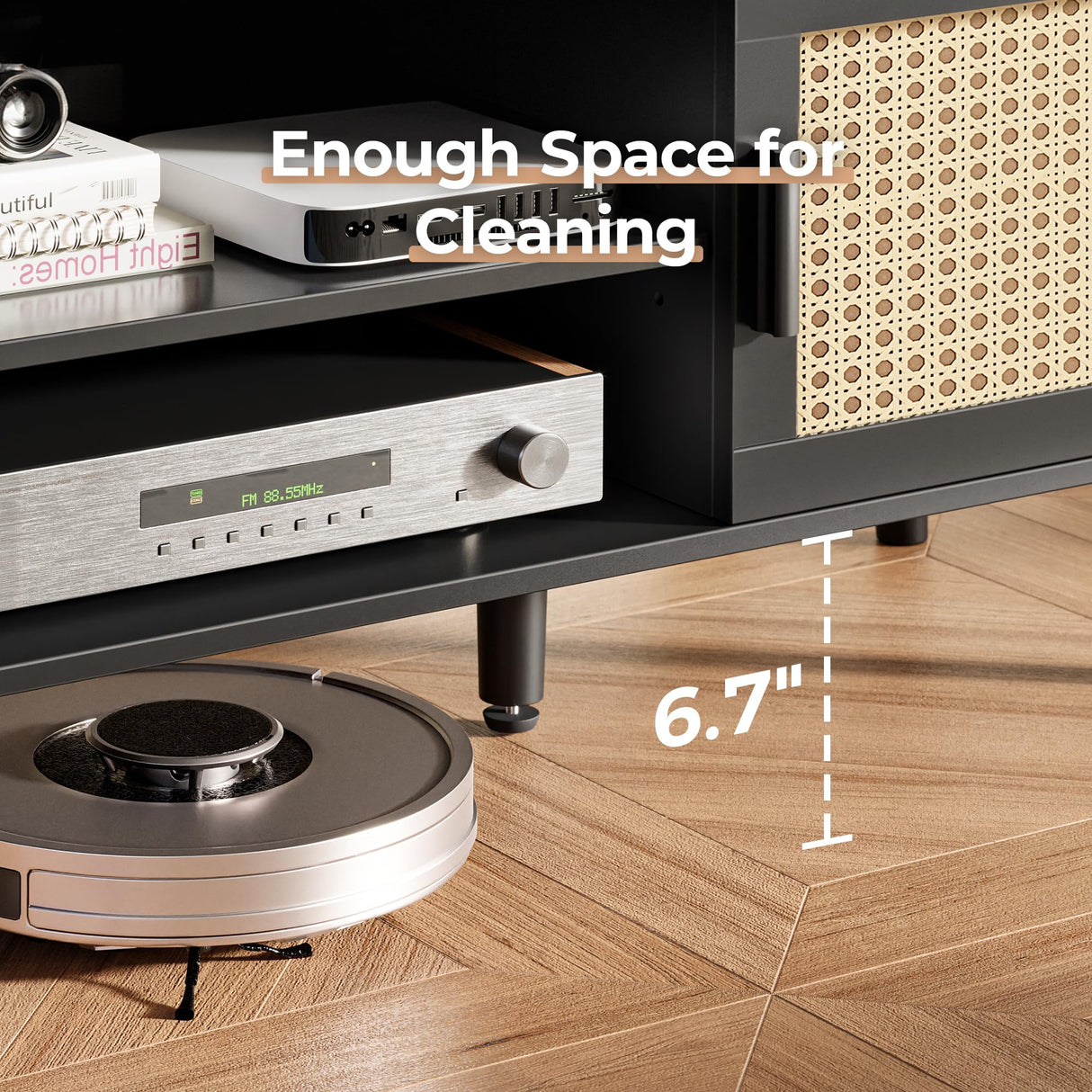 SUPERJARE 65 Inch TV Stand, Entertainment Center with Adjustable Shelf, Rattan TV Console with 2 Cabinets, Media Console, Solid Wood Feet, 4 Cord Holes, for Living Room, Black SUPERJARE