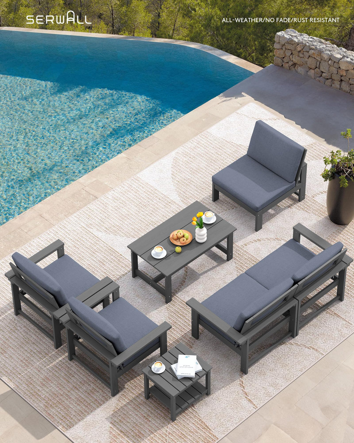 SERWALL HDPE Patio Furniture Set, 7-Piece Outdoor Sectional Sofa Set, All Weather Outdoor Couch Set for Deck, Lawn, Grey Frame with Grey Cushion SERWALL