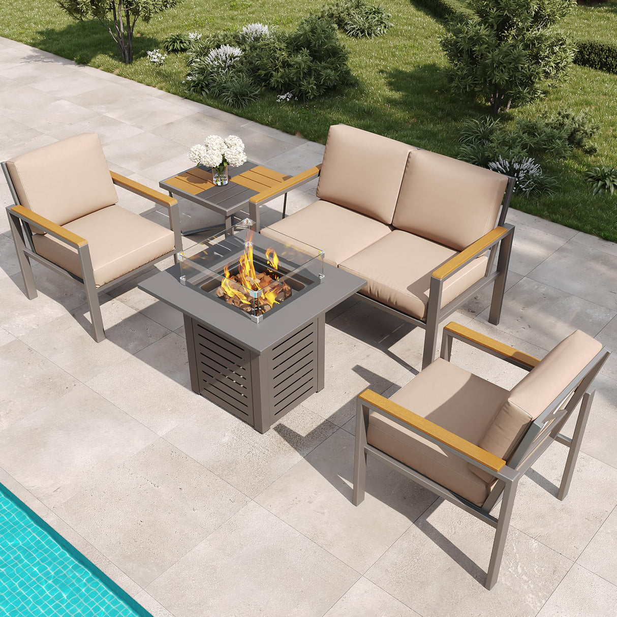 MAISON BACKYARDS MBY 5-Piece Modern Patio Furniture Set with Fire Pit Table, Metal Outdoor Sectional with Cushions & Wood-Like Armrests, Cozy Conversation Set for Porch, Balcony, Garden, Yard-Brown MAISON BACKYARDS