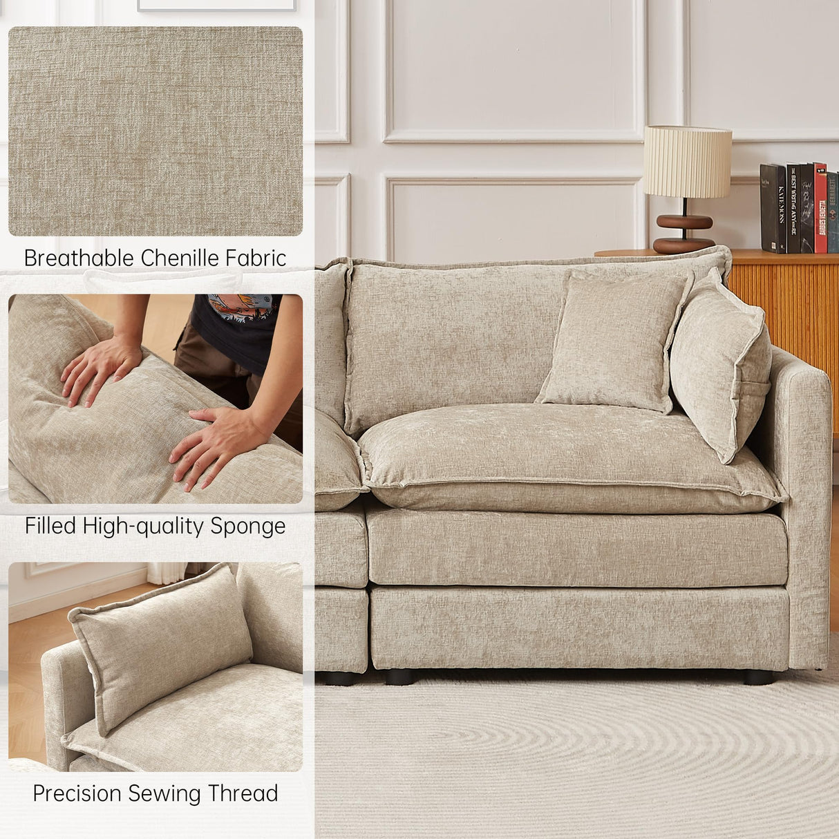 saows Modular Sectional Sofa, 112.2 Inch U Shaped Couch Set with Armrests, 3-Seater Comfy Cloud Couches with Movable Ottoman for Living Room Apartment, Coffee saows