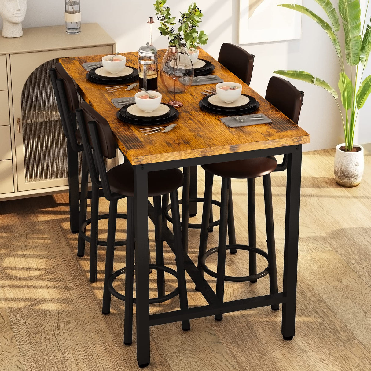 Lamerge Rustic Brown Industrial Dining Table Set for 4 with PU Upholstered Stools Lamerge