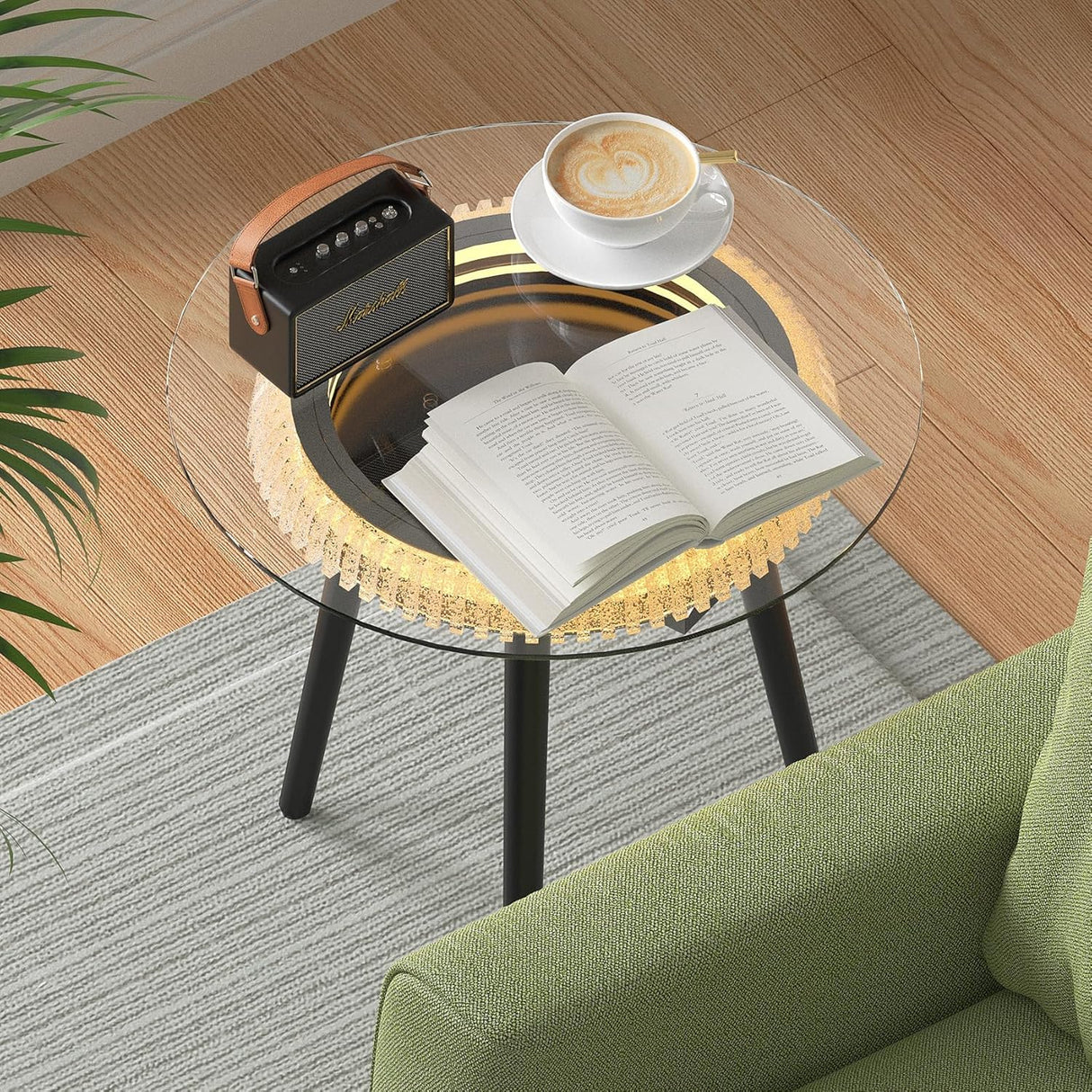 Bigbiglife Coffee Table with Led Light, Luxury Metal End Table with 3D Mirror, Glass Side Table for Appartment Home Living Room Bigbiglife