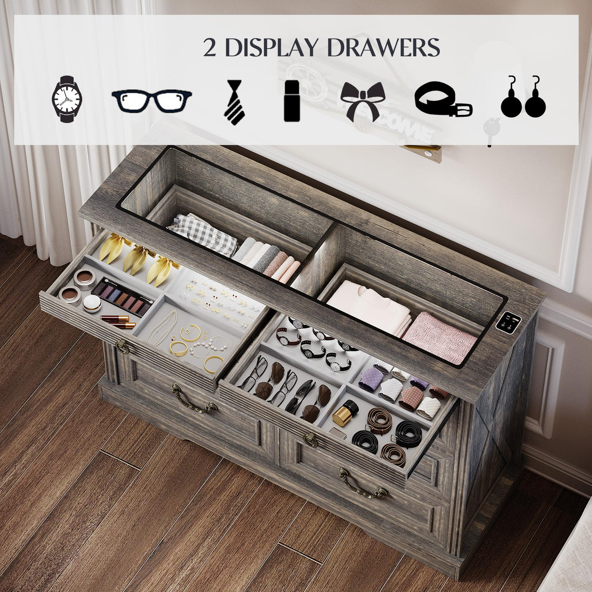 Lareth Farmhouse 6 Drawer Dresser for Bedroom 47 inch Wooden Double Chest of Drawers with Glass Top LED Light Charging Station One Secret Drawer Bedroom Closet Dresser Tv Stand for Living Room, Brown Lareth