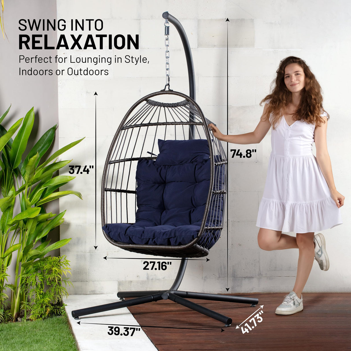 SereneLife Foldable Hanging Egg Swing – Deep Blue Rattan Wicker Chair with Stand, Waterproof Seat Cushion & Headrest, 350 lbs. Capacity – Indoor Outdoor Hammock Chair for Patio, Porch & Garden SereneLife